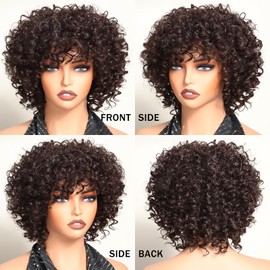 X-TRESS Kinky Curly Brown Wear and Go Synthetic Wig with Bangs, High-Temperature Fiber, Short Curly Afro Wig for Black Women (Durable & Heat-Resistant & No Glue Needed)