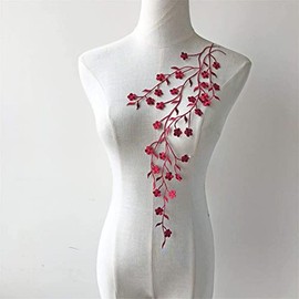 Selene Iron on Applique Embellishment Flower Leaf Vines Embroidery Applique Patch Plum Blossom Flower Patch for Garment Apparel Dresses 2 Pieces (Burgundy)