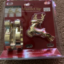 Mantle Clip The Original Mantle Clip set of 2 Gold  w/Reindeer Deer With removable decoratio