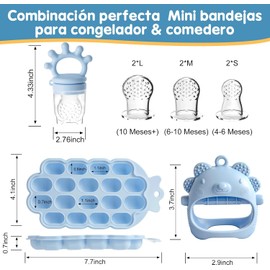 Guante de Dentición de Silicona para Bebés, Chupon para Frutas con Bolsa de Comida Reemplazable, Bandejas Congeladoras para Comida de Bebé, Sin BPA, Chupete Complementario para Bebé 0 a 6 Meses (Azul)