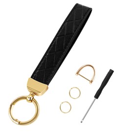 SMLBJUTE Wristlet Keychain, Leather Keychain, Universal Car Key Holder with 360-Degree Swivel, 2 Key Rings, Anti-Lost D-Ring (Gold 7inch)
