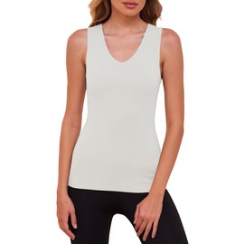 YYA V Neck Basic Tank Tops for Women Thermal Vest Winter Warm Tank-Top Sleeveless Undershirts, Cream White XL