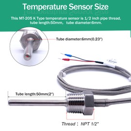 Twidec/2M NPT 1/2"inch Pipe Thread (6X50MM) Temperature Sensor Probe Two Wire Temperature Controller (0~600℃) 304 Stainless Steel K Type Thermocouple MT-205-1/2-6X50