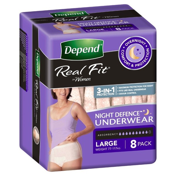 Depend Real Fit Night Defence Underwear for Women Large X 8 (Limit 4 per order)