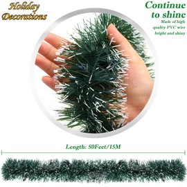 50Ft Christmas Tinsel Garland Decorations, Green Metallic Twist Garland for Christmas Tree Decorations, Xmas Tree Decor for Holiday Indoor Outdoor Party Supplies (Green)