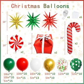 Christmas Balloons Garland Arch Kit, Red Green White Gold with Candy Cane Gift Box Explosion Star Foil Balloons for Christmas New Year Candies Xmas Theme Party Decorations...