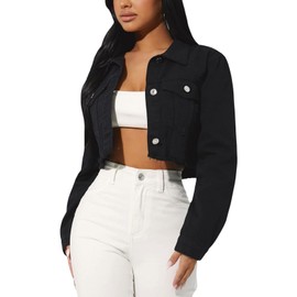 FairBeauty Women's Washed Distressed Denim Jacket Long Sleeve Ripped Button Up Cropped Jean Jacket