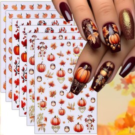 6Pcs Fall Nail Stickers for Nail Art Thanksgiving Pumpkin Nail Art Stickers Leaf Tree Nail Decals Autumn DIY Self Adhesive Nail Design Supplies Nail Decoration for Women Girls Manicure Accessories