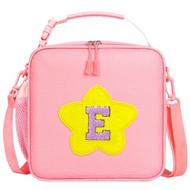 WOBAGMEN Initial Lunch Box for Women Kids Girls,Cute Pink Insulated Lunch Bag with Chenille Letter, Reusable Square Bento Lunch Box for School Office Picnic,Kids Lunch Bag for Teen Girls(Pink, E)