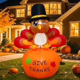 CYAOOI 6 FT Happy Thanksgiving Inflatables Turkey Outdoor Decorations, Blow Up Turkey Sitting on Pumpkin, Fall Inflatable Yard Decoration with Built-in LED Lights for Outside Garden Lawn Festive Party