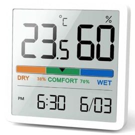 Digital Indoor Hygrometer and Thermometer, Room Temperature and Humidity Monitor with Max/Min Records, Touchscreen LCD, Calibration, Backlight, Clock, and Comfort Level Icon (WHITE)