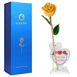 OLEKURT 24K Gold Dipped Real Rose - Valentines Day Gift Anniversary Mother's Day Birthday Best Gift for Her Wife Girlfriend（Yellow Rose with Love Stand）