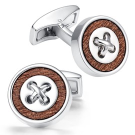 Mens Cufflinks Wood Inlay - 0.55" Round Button Shape Brass Cuff Links with 3-Layer Electroplating, Unique Tailor Style Shirt Accessories for Business Wedding, Durable & Anti-Fade Jewelry Gift(Circle/Wood)
