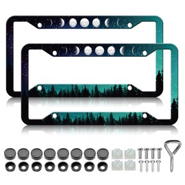 HCSS Moon Phase License Plate Frames - 2 Pack Starry Sky Forest Green License Plate Holder, Aluminum Metal Rust-Proof Waterproof Car Decorative Tag Frame for Standard US 12x6 Inch