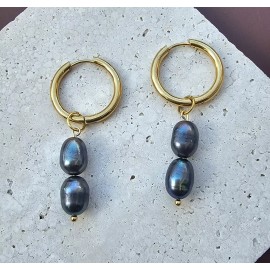 Sairahaz Jewelers Rice Freshwater Black 2 Pearl Dangle Hoops Earrings - 18K Yellow Gold Plated