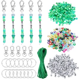 BEEFLYING 750 Pcs DIY Bead Keychain Kit Key Chain Making Crafts Letter Beads Strings Adjustable Alphabet Key Ring Jewelry Backpack Accessories Holiday Party Festival Favor Gift (Green)