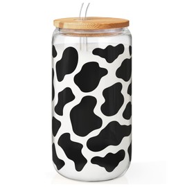 SANDJEST Cow Glass Can, Cow Prints Cup with Lid & Straw, Iced Coffee Aesthetic Cups, Idea Gift for Christmas Birthday Mother Day, Gifts for Women, 16oz