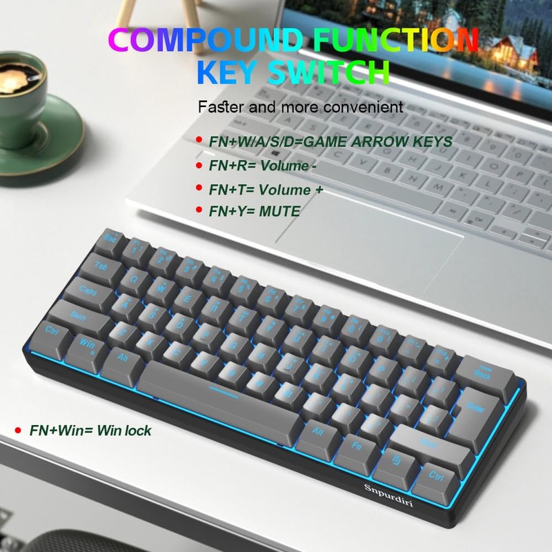 Snpurdiri 60% Wired Gaming Keyboard, RGB Backlit Ultra-Compact 61 Keys