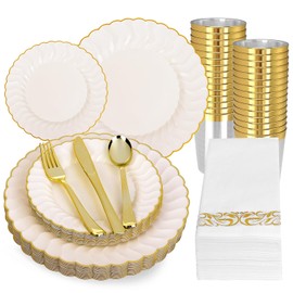 210Pcs Ivory Scalloped Plastic Plates with Gold Trim Elegant Plastic Dinnerware Set, Nice Disposable Plates and Cutlery Set with Fancy Napkins Heavy Duty Ivory Plates for Wedding Party Catering