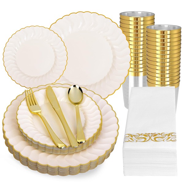 210Pcs Ivory Scalloped Plastic Plates with Gold Trim Elegant Plastic