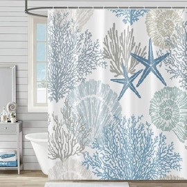 BIVINAR Long Nautical Starfish Seashell Coral Shower Curtain 72 x 78, Ocean Themed Shower Curtains for Bathroom, Waterproof Fabric Coastal Shower Curtain with 12 Hooks
