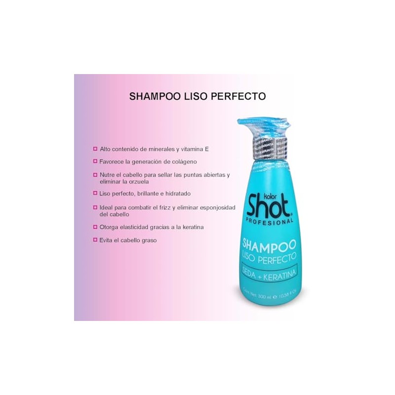 Shampoo Liso Perfecto Kolor Shot con Keratina sin Parabenos, Hidrata
