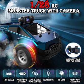 Lansoquzy Remote Control Car, 1/28 RC Monster Truck Toys with 720P HD FPV Camera, High Speed All-Terrain Racing Vehicle with Blinking Body Lights for Adults, Kids, Boys, Dual Control Modes
