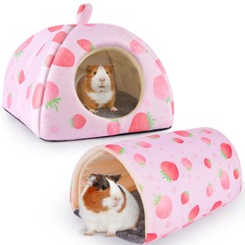Hedgeink Guinea Pig House with Rabbit Hideout, 2 Pieces Guinea Pig Toy Set, Rabbit Bed and Guinea Pig Tunnel, Guinea Pig Accessories for Hamsters, Ferrets and Rabbits, Pink