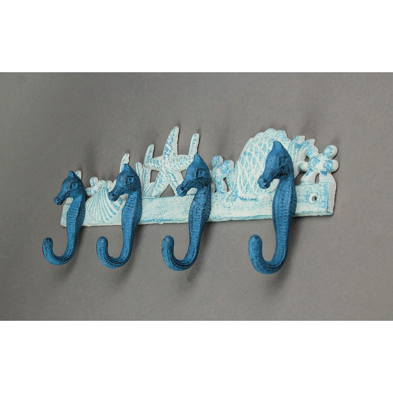 Zeckos Enchanting Blue and White Cast Iron Seahorse Nautical Sea