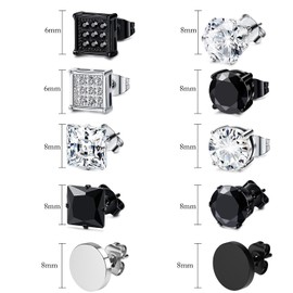 JENCVNL 10 Pairs of Earrings Set for Men, Stainless Steel Men's Stud Earrings, Round Square Earrings with Cubic Zirconia, Black, Silver, Ear Piercing for Men and Boys, Stainless Steel, Cubic Zirconia