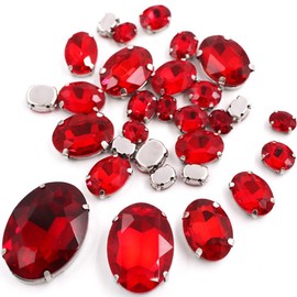 Pack of 30 Oval Rhinestones Glitter Stones for Sewing Rhinestones with Hole Prong Setting Hand Stitched Rhinestones for DIY Crafts Scrapbook Clothing Decoration, Red