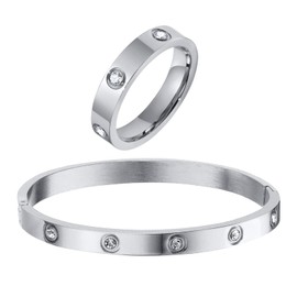 RIXERKOC Gold Rings Bracelets for Women 18K Gold Plated Love Friendship Bracelet Cubic Zirconia Bangle with Ring Stainless Steel Jewellery Set Wedding Band Jewellery, Stainless Steel, Cubic Zirconia