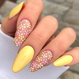 Brishow Coffin False Nails French Almond Fake Nails Press on Nails Ballerina Acrylic Stick on Nails 24pcs for Women and Girls (H)