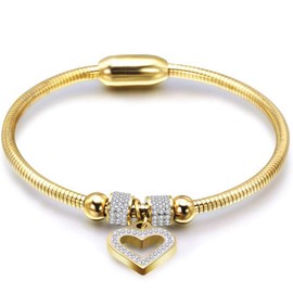 Jude Jewelers Stainless Steel Heart Charm Cubic Zircon Anniversary Valentine Bangle Bracelet (Gold)