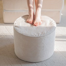 HIGOGOGO Round Stuffed Pouf Ottoman, Corduroy Poufs with High-Density Foam Filling, Furry and Fluffy Pouf Foot Stool Storage Ottoman, 17.7 x 13.8 Floor Poufs Foot Rest for Living Room，Beige