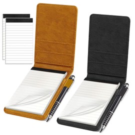 8pcs Mini Brown Black Pocket Notepad Holder Set, Small Notebook Holder with Lined Sheets, Metal Pen and 3 x 5 Inch Memo Book Refills, Lined Paper Per Note Pad