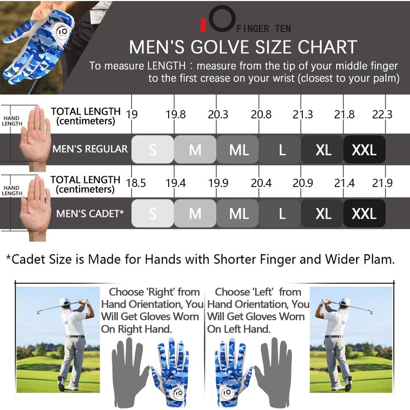 FINGER TEN Men's Golf Gloves Left Right Hand Leather with