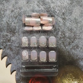 24Pcs Christmas Press on Nails Short Square Snowflake Fake Nails Transparent Pink Acrylic Nails with Glitter Glue on Nails Full Cover Winter False Nails Artificial Nails for Women Holiday Nail Art