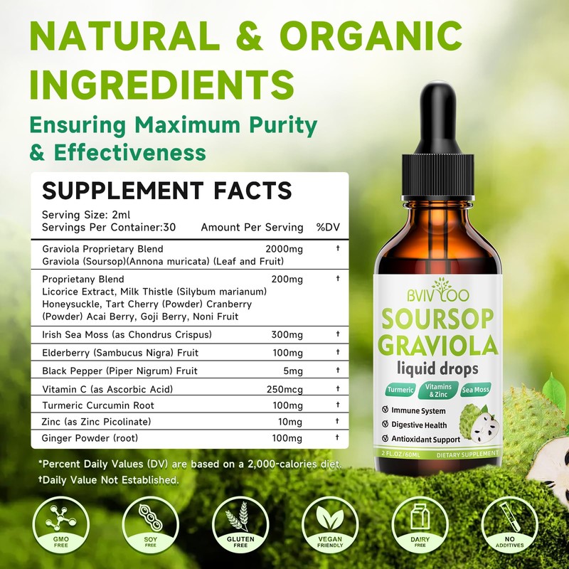 Soursop Graviola Liquid Drops - 2000mg Pure Soursop Extract Blended
