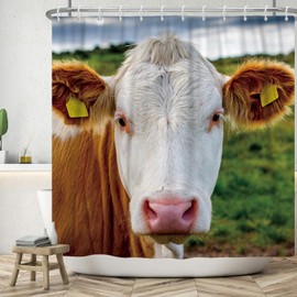 ASDCXZ Funny Shower Curtain 180 x 180 cm, Funny Cow Head Bath Washable Shower Curtains Polyester Textile Waterproof Bath Curtain for Bathtub with 12 Hooks