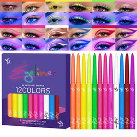 Colored Eye Liner Liquid - UV Fluorescent Quick-Drying 12 Colors Liquid Liner Waterproof,Highly Pigmented Long-Lasting Eye Makeup Kit Festival Accessories for Parties