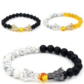 Dragon Bracelet Black Lava White Howlite Beaded Dragon Head Bracelet Stretch Natural Stone Turquoise Tiger Eye Bracelet for Women Retro Luck Charm Healing Beads Bracelet Jewelry, Small, Metal, no