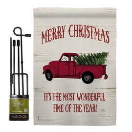 Breeze Decor GS114170-P3 Merry Christmas Vintage Truck Winter Impressions Decorative Vertical 13" x 18.5" Garden Flag Set Metal Pole Hardware