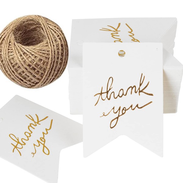 Thank You Tags, 100Pcs White Paper Gift Tags with 100 Feet Jute String for Wedding Birthday Baby Shower Party Favors