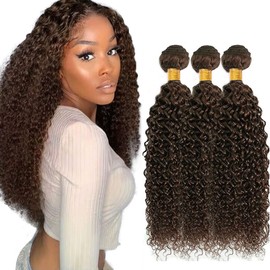 Raivide Hair Dark Brown Bundles Color #4 Curly Human Hair Bundles Chocolate Brown Kinky Curly Bundles Human Hair 16 18 20 Inch Color #4 Bundle Hair Extensions