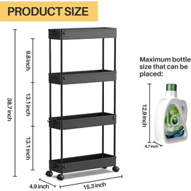 SPACEKEEPER Slim Rolling Storage Cart 4 Tier Bathroom Organizer Cart Mobile Shelving Unit Slide Out Utility Cart for Kitchen, Bthroom, Makeup, Craft, Laundry Narrow Places, Black