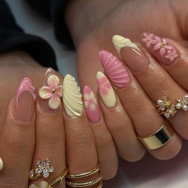 3D Handmade Press on Nails Medium Almond Fake Nails Spring & Summer French Nails Flower Press On Water Drop Designer Nails Cute Stick on Nails Wedding and Party, Daily wear Nails fro Women 24 Pcs,
