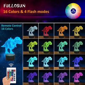 FULLOSUN 3D Dinosaur Bedside Lamp, T-rex Illusion Optical Night Light 16 Colors Changing Remote Control Cool Child's Room Decor Xmas Birthday Gift for Kids Baby Boy