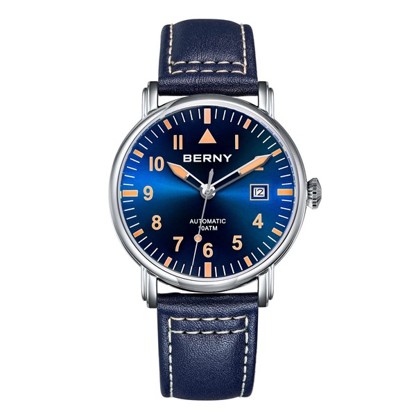 BERNY Mechanical Automatic Watch for Men Self Winding Leather Strap