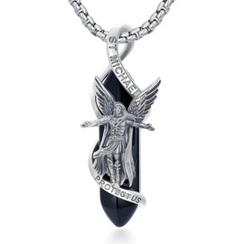 Brisskaari St Michael Amulet Pendant Necklace for Men, 925 Sterling Silver 3D Archangel Saint Michael Necklace with Black Healing Crystal